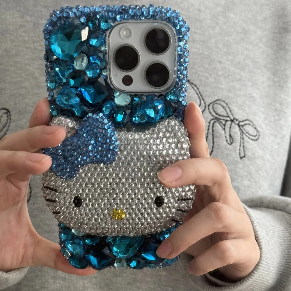 Cute Kitty Cat Rhinestone Bling Crystal Phone Case Chain For iPhone 16 12 13 14 15Pro Max X Xs XR 7 8 Plus SE 2 3 10 Transparent Bu