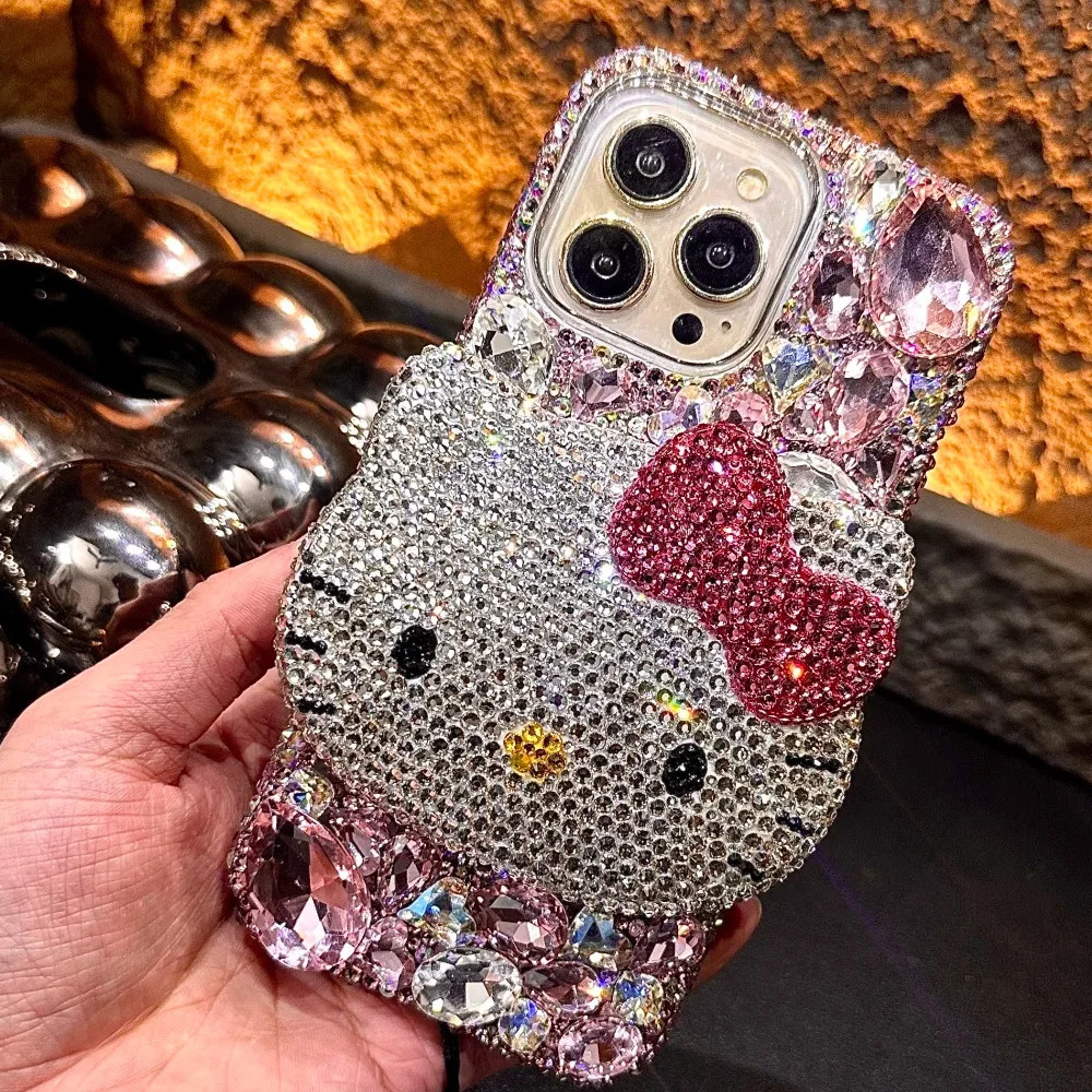 Cute Kitty Cat Rhinestone Bling Crystal Phone Case Chain For iPhone 16 12 13 14 15Pro Max X Xs XR 7 8 Plus SE 2 3 10 Transparent Bu