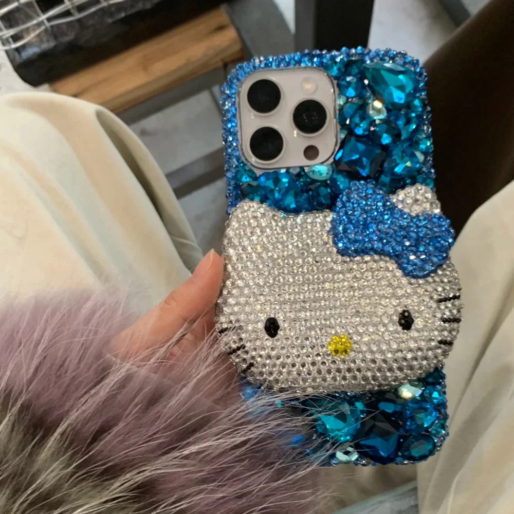 Cute Kitty Cat Rhinestone Bling Crystal Phone Case Chain For iPhone 16 12 13 14 15Pro Max X Xs XR 7 8 Plus SE 2 3 10 Transparent Bu
