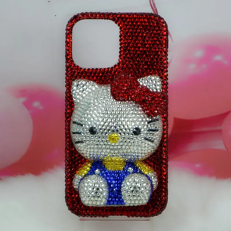 Cute Kitty Cat Rhinestone Bling Crystal Phone Case Chain For iPhone 16 12 13 14 15Pro Max X Xs XR 7 8 Plus SE 2 3 10 Transparent Bu