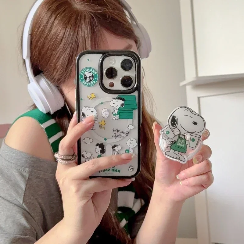 Korea Cute Cartoon Snoopy Magnetic Grip Tok Holder Magsafe Wireless Charge Phone Case For iPhone 17 16 15 14 13 Pro Max Cover