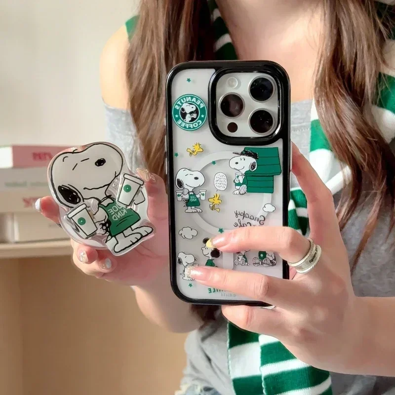 Korea Cute Cartoon Snoopy Magnetic Grip Tok Holder Magsafe Wireless Charge Phone Case For iPhone 17 16 15 14 13 Pro Max Cover