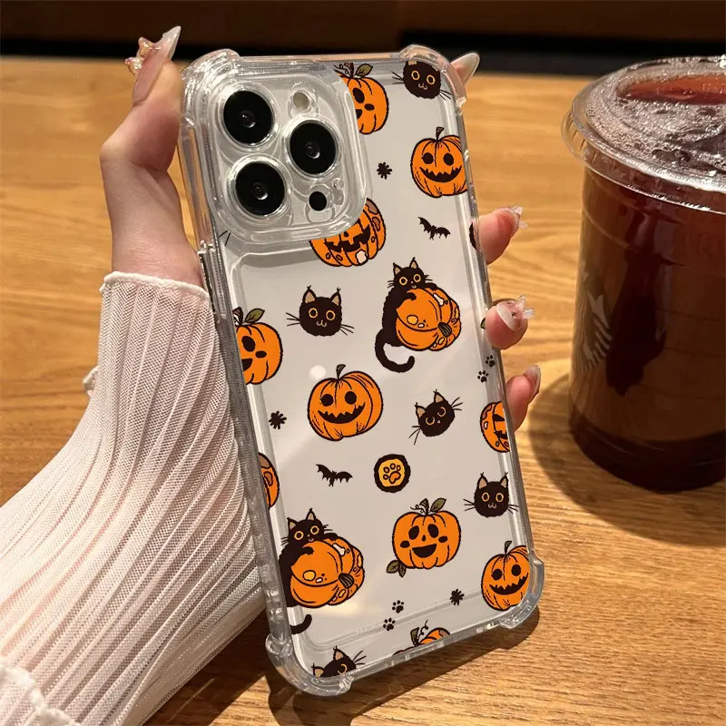Happy Halloween Cat Pumpkin Bat Phone Case Clear For iPhone 17 16 14 15 11 12 13 Pro Max 16E 16 Plus 17Air Soft Shockproof Cover