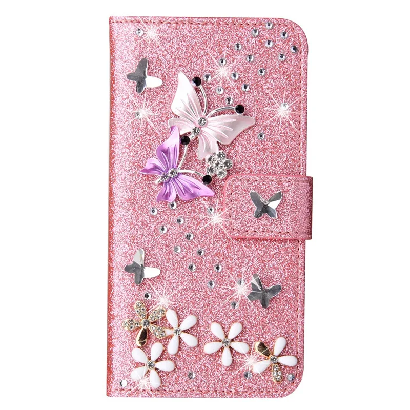 Bling Diamond Wallet Flip Case For iPhone 17 16 15 14 13 12 11 Pro Max Plus XR XS Glitter Butterfly Flower Magnetic Book Cover