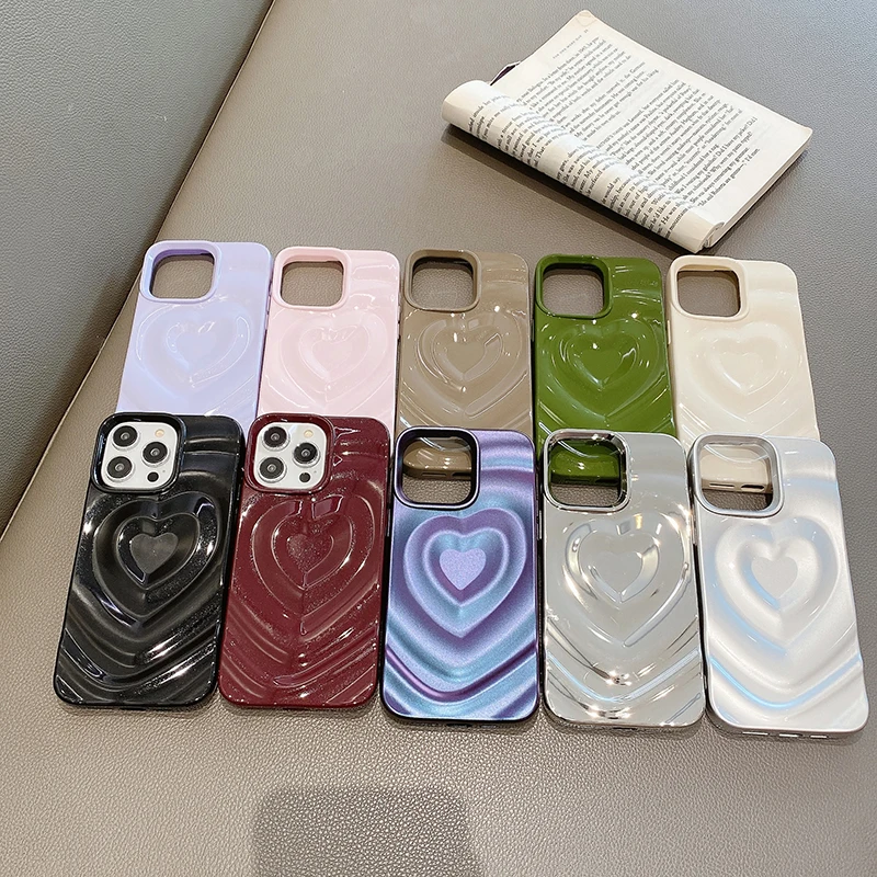 Glossy Bling Love Heart Pattern Phone Case For iPhone 17 16 16E 15 14 13 12 Pro Max 11 Fashion Shockproof Bumper Back Cover