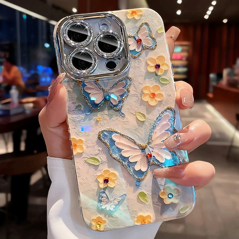 Luxury Butterfly Flowers Laser Glitter Phone Case For iPhone 17 Air 11 12 13 14 15 16 Pro Max Plus Diamond Shockproof Cover