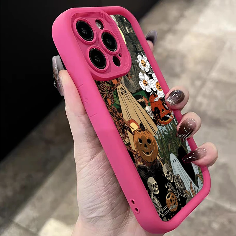 Halloween White Ghost Among Flowers Pattern Silicone Phone Case For iPhone 17 Pro Max XS XR X 16 11 13 12 14 15 8 Plus 16E Cover