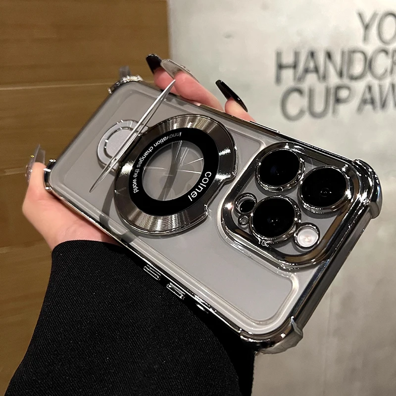 New Invisible Bracket Strong Magnetic Magsafe Case for iPhone 16 15 14 13 11 12 Pro Max Plus Lens Film Protect Clear Soft Cover