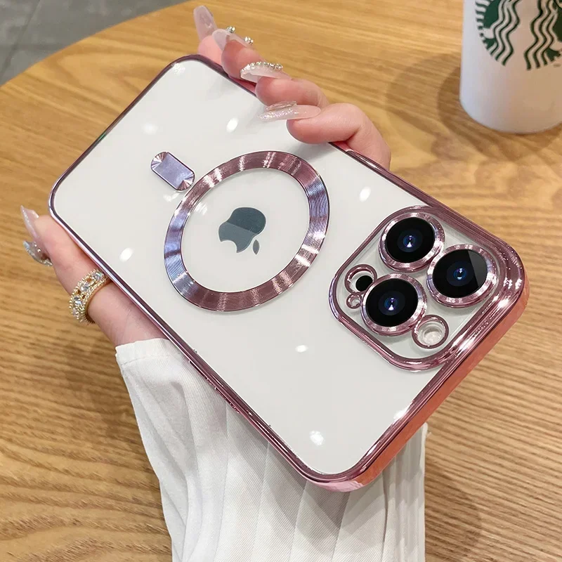 Se4b344cea384465caa535dd7378f6d28z.webp Luxury Plating For Magsafe Magnetic Case For iPhone 17 16 15 14 13 12 11 Pro Max Plus Wireless Charge Cover With Lens Protector