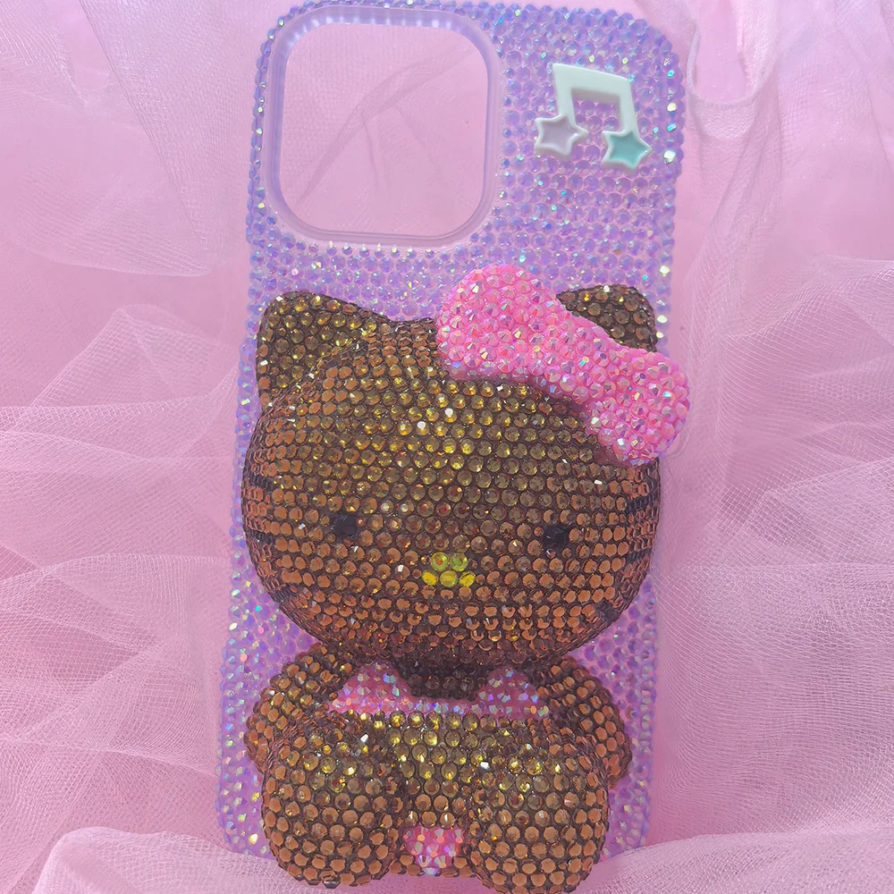 Hot Cute Kitty Cat Rhinestone Crystal Phone Case Chain For iPhone17 Air 16 12 13 14 15Pro Max X Xs XR 7 8 Plus SE Transparent Bu