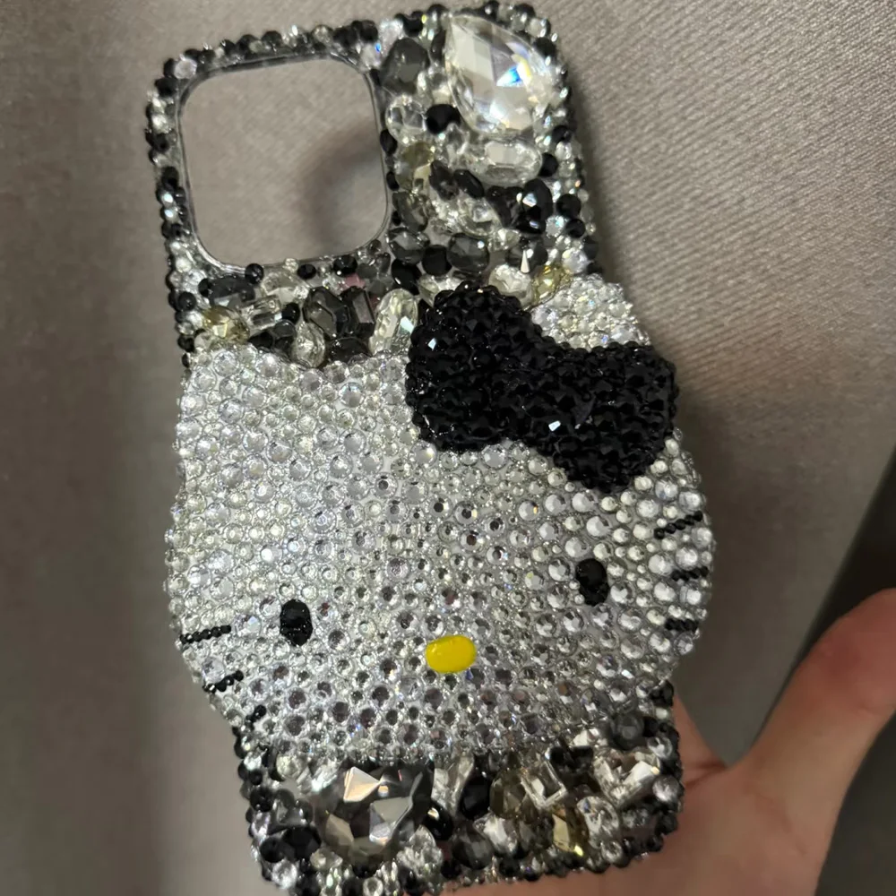 Cute Kitty Cat Rhinestone Bling Crystal Phone Case Chain For iPhone 16 12 13 14 15Pro Max X Xs XR 7 8 Plus SE 2 3 10 Transparent Bu