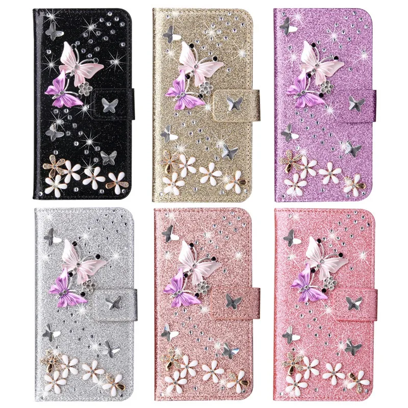 Bling Diamond Wallet Flip Case For iPhone 17 16 15 14 13 12 11 Pro Max Plus XR XS Glitter Butterfly Flower Magnetic Book Cover