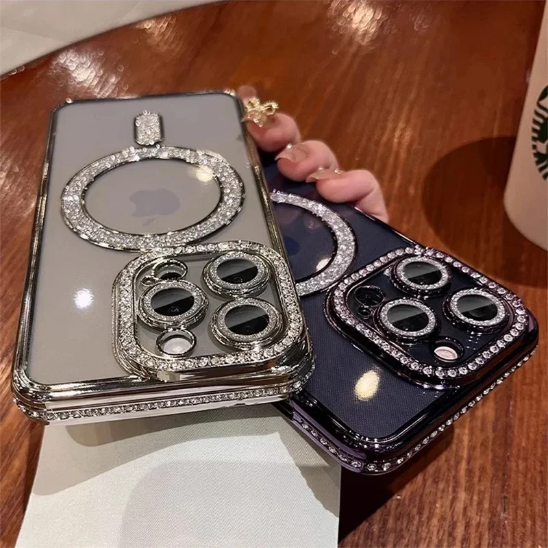 Se7deeb5ff6354e909c280d82b214cd8eF.webp New Fashion Glitter Diamond Transparent Case For iPhone 16 15 14 13 11 12 17 Pro Max Plus Magnetic Wireless Charge Bumper Cover