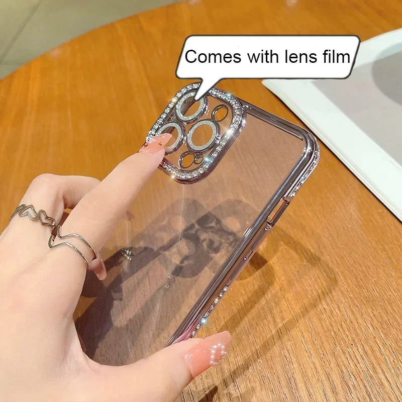 Comes With Lens Film Plating Flash Diamond Silicone Phone Case For IPhone 17 16 15 14 13 12 11 Pro Max Rhinestone Cover