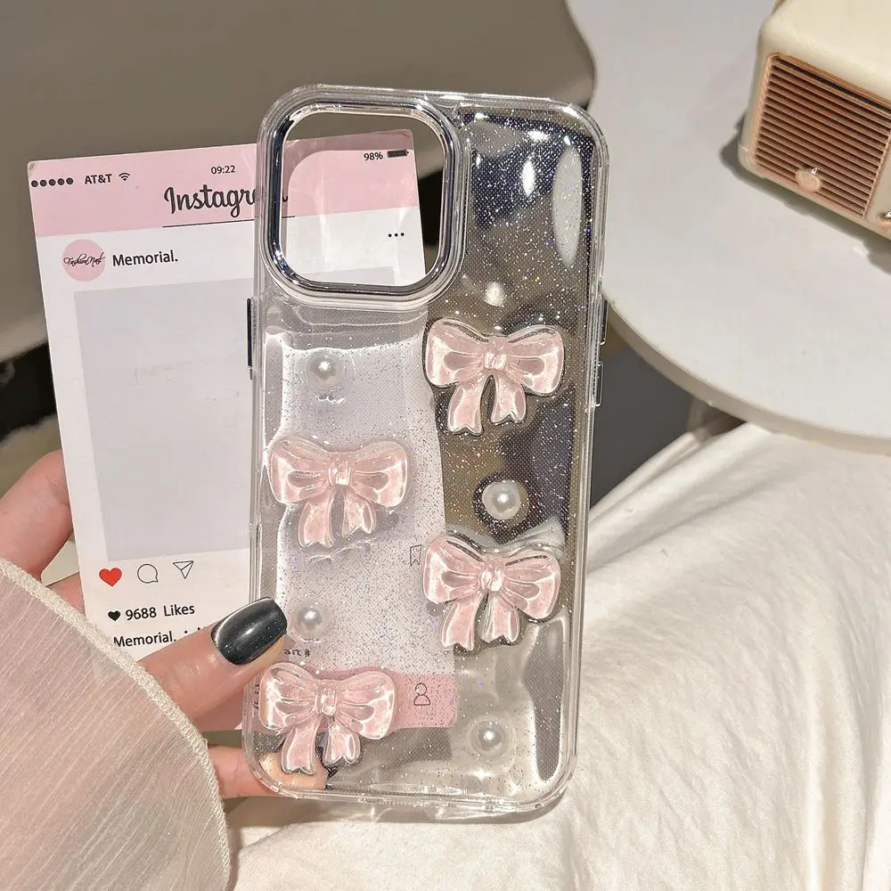Cute 3D Pink Bowknot Pearl Clear Phone Case For iPhone 16 15 14 13 12 11 Pro Max 16 Plus Shockproof Transparent Cover