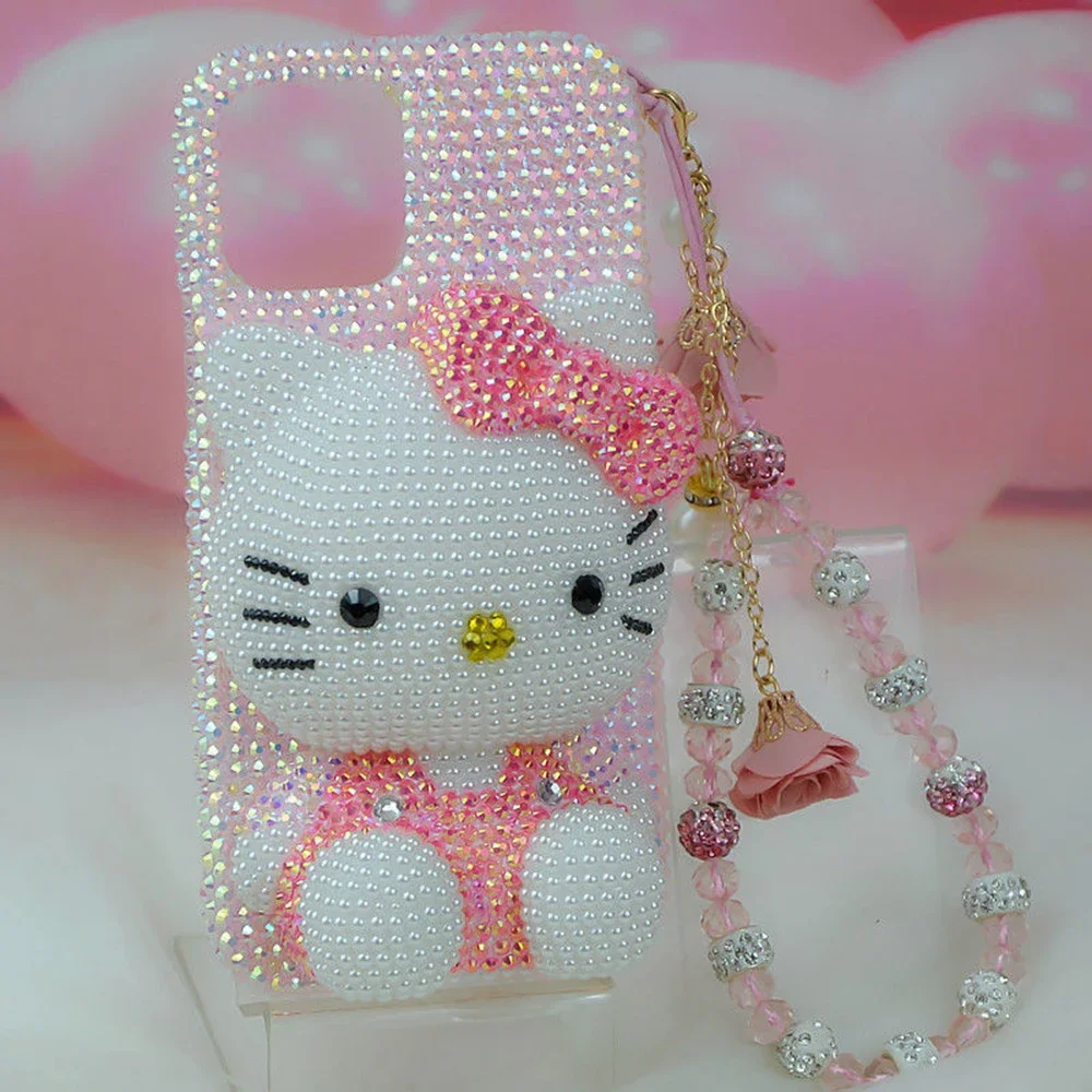 Se97b2da1dc47478cac5cb4e1cd68dec8d.webp Cute Kitty Cat Rhinestone Bling Crystal Phone Case Chain For iPhone 16 12 13 14 15Pro Max X Xs XR 7 8 Plus SE 2 3 10 Transparent Bu