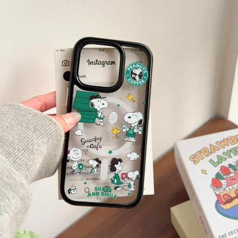 Korea Cute Cartoon Snoopy Magnetic Grip Tok Holder Magsafe Wireless Charge Phone Case For iPhone 17 16 15 14 13 Pro Max Cover