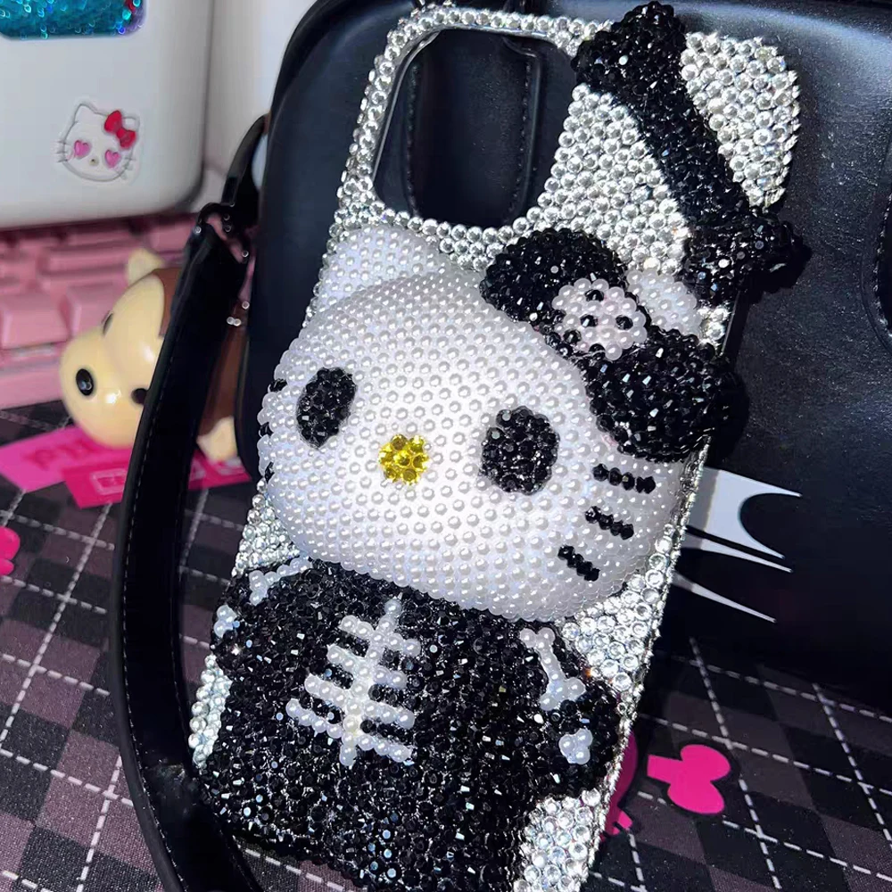 Cute Kitty Cat Rhinestone Bling Crystal Phone Case Chain For iPhone 16 12 13 14 15Pro Max X Xs XR 7 8 Plus SE 2 3 10 Transparent Bu