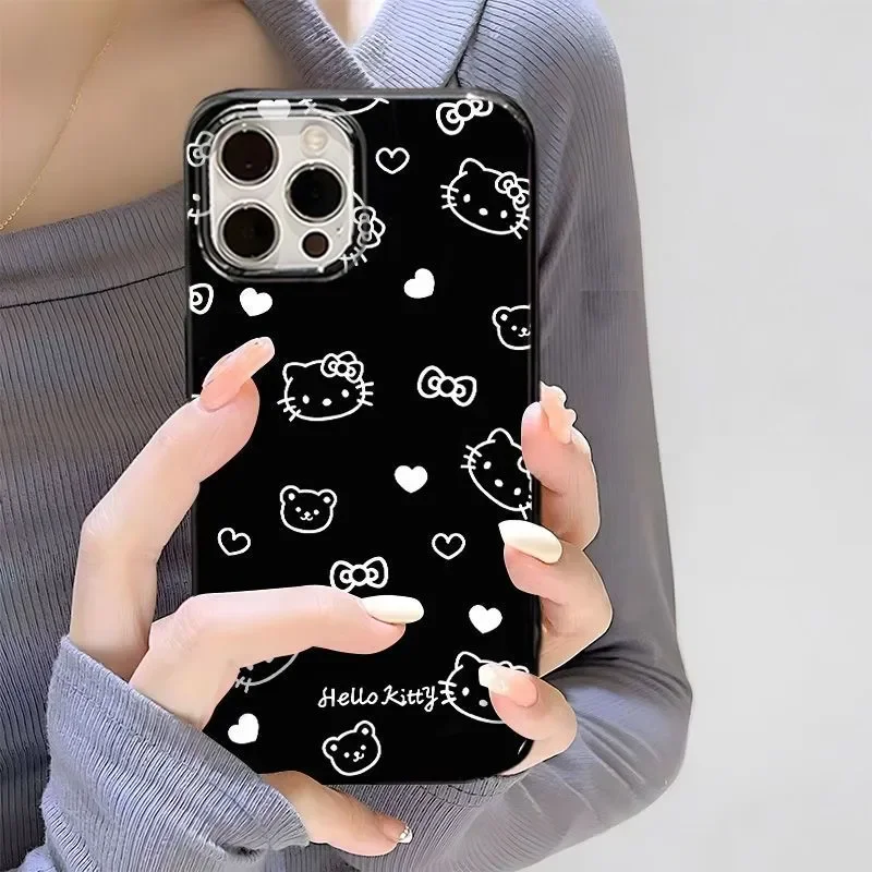 Full Screen Cute Kitty Cartoon Cat Bow Cute KT Bear Phone Case For iPhone 16 15 14 13 12 11 Pro Max XR XS MAX 7 8 Plus MINI Y2K Black Cover