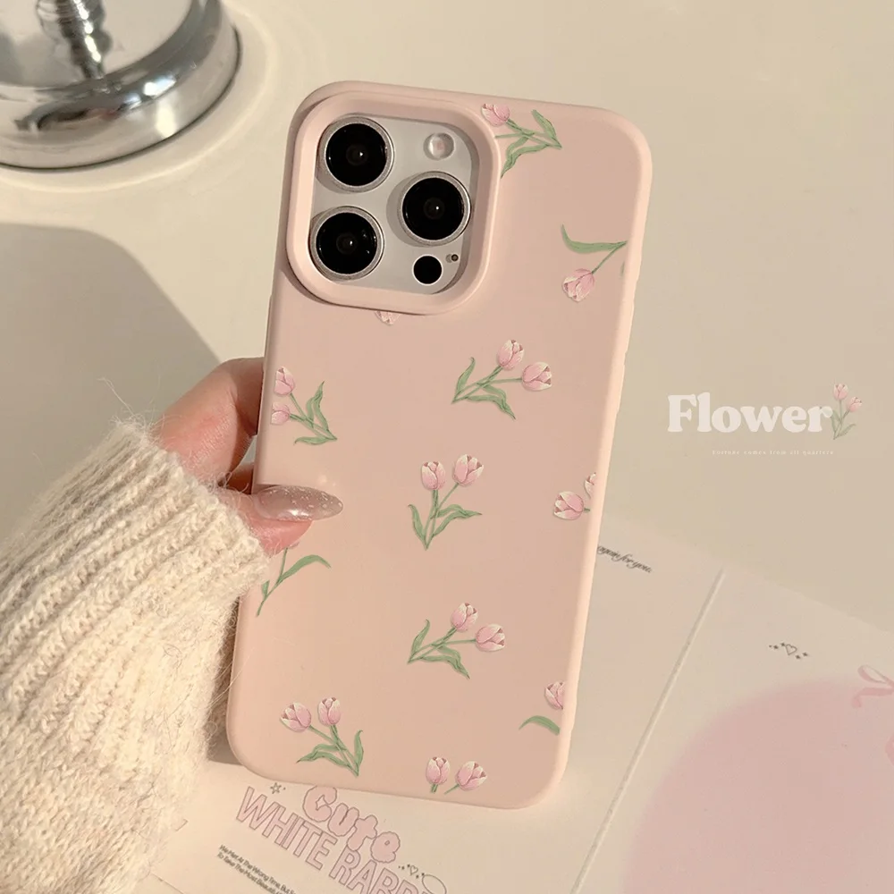 Cute Cartoon Tulip Flower Pattern Phone Case For iPhone 17 16 15 14 13 12 11 Pro Max Plus Silicone Shockproof Cases Cover