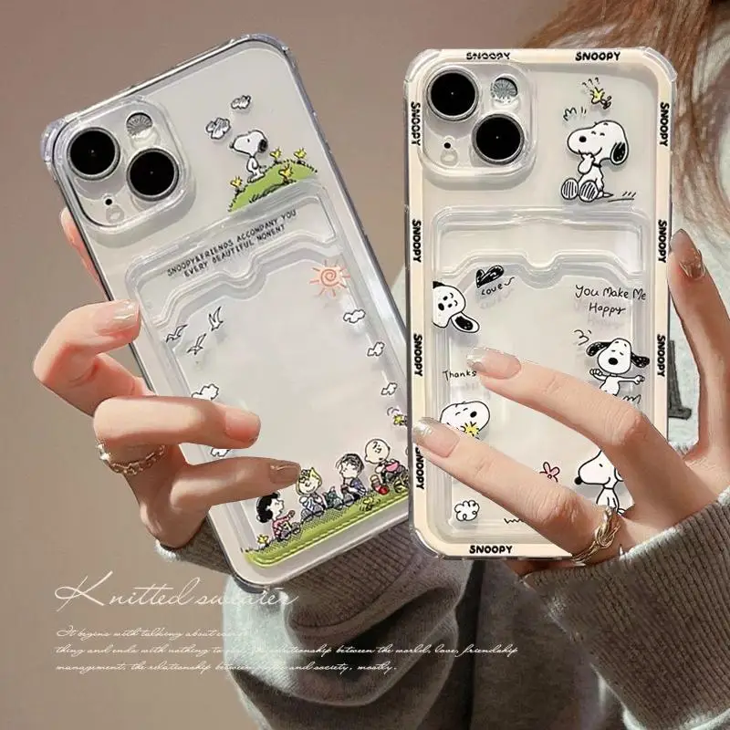 Cute Cartoon S-Snoopy Case For iPhone 17 16 15 14 13 12 11 Pro Max Mini 14 15 16 Plus Card Holder Slot Bag Clear Soft Cover