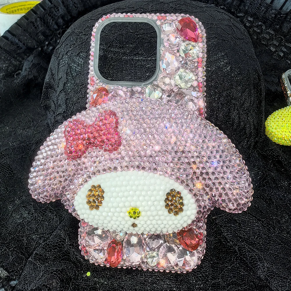Cute Kitty Cat Rhinestone Bling Crystal Phone Case Chain For iPhone 16 12 13 14 15Pro Max X Xs XR 7 8 Plus SE 2 3 10 Transparent Bu