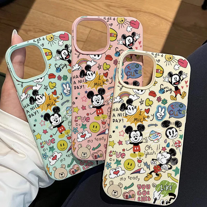 Cartoon Graffiti Mic Mouse Fashion TPU Imitation Leather Phone Case For iPhone 16 Plus 15 14 13 12 11 Pro Max X XR Shock-absorbing