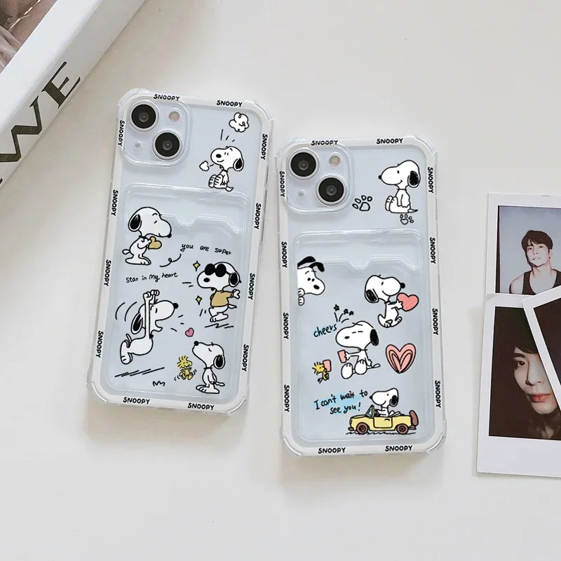 Funny Snoo Card Bag Phone Case For IPhone 16 15 14 13 12 17 Pro Max Mini Plus 16E 17 AIR Wallet Soft Clear Cute Cartoon Cover