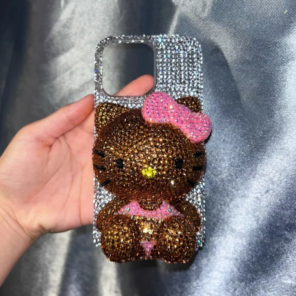 Cute Kitty Cat Rhinestone Bling Crystal Phone Case Chain For iPhone 16 12 13 14 15Pro Max X Xs XR 7 8 Plus SE 2 3 10 Transparent Bu