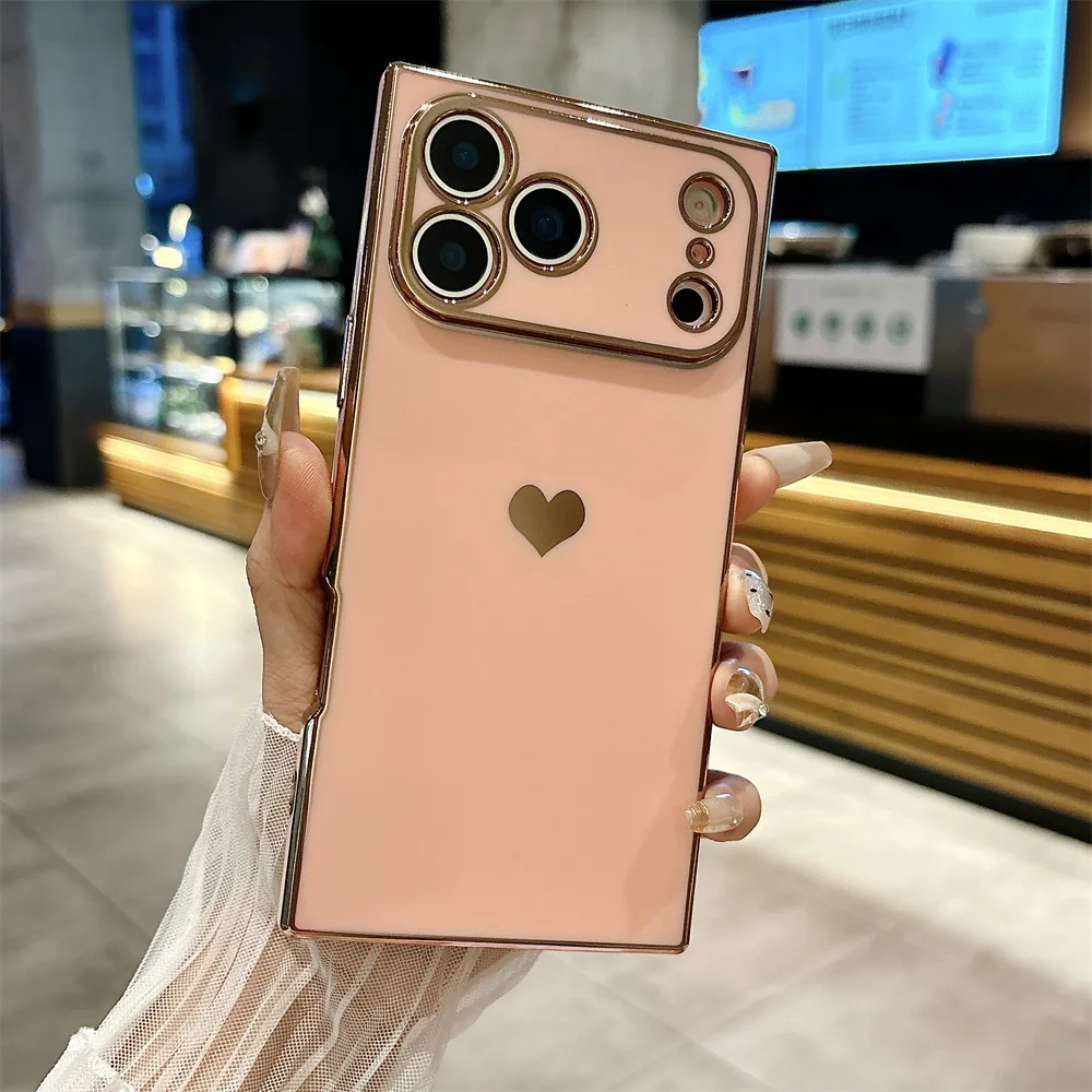 Fashion Plating Glossy Silicone Heart-Shaped Case For IPhone 17 Pro Max Air 16 15 14 13 12 11 Plus Shockproof Bumper Back Cover