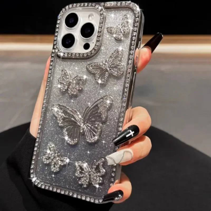 See2bccc559a945478a69b1ce9d8ffc915.webp Glitter 3D Butterfly Shiny Case For iPhone 17 16 15 14 13 12 11 Pro Max Diamond Bling Sparkly Rhinestone Girls Pink Cute Cover