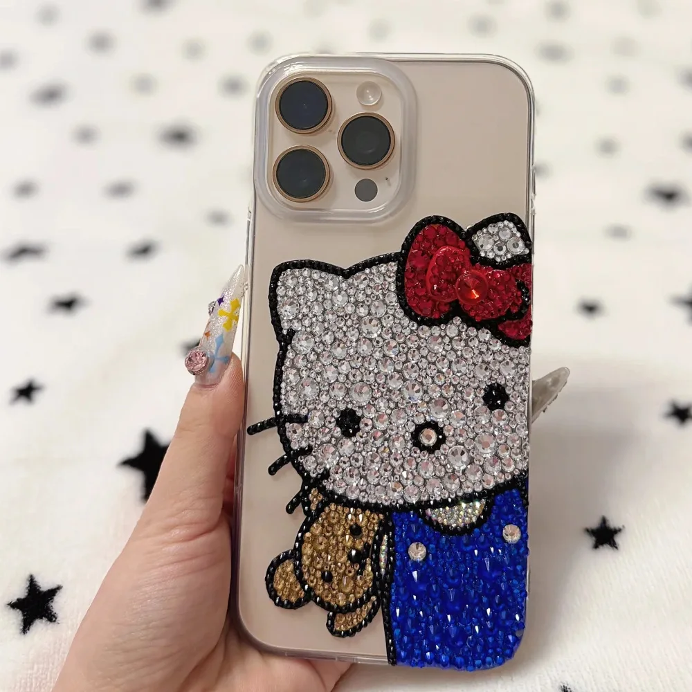 Cute Kitty Cat Rhinestone Bling Crystal Phone Case Chain For iPhone 16 12 13 14 15Pro Max  X Xs XR 7 8 Plus SE 2 3 10 Transparent B