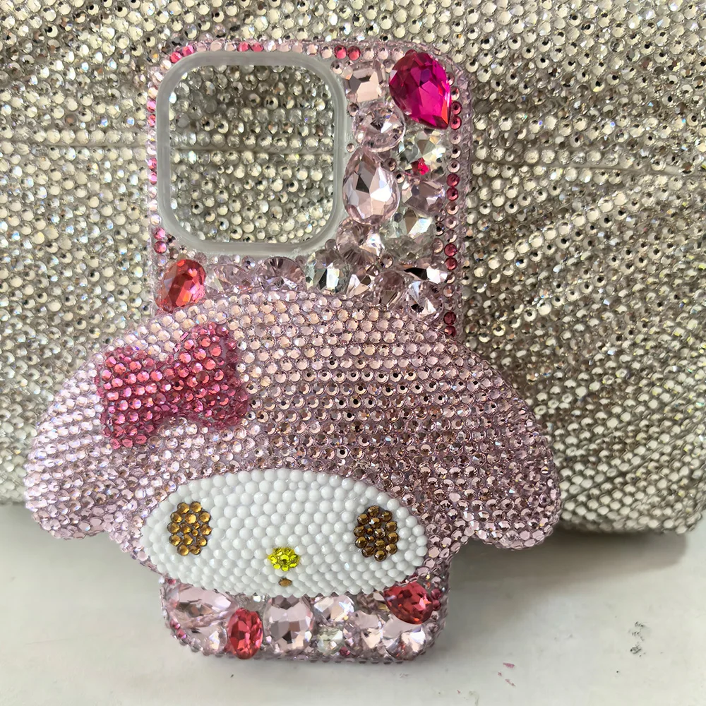 Cute Kitty Cat Rhinestone Bling Crystal Phone Case Chain For iPhone 16 12 13 14 15Pro Max X Xs XR 7 8 Plus SE 2 3 10 Transparent Bu