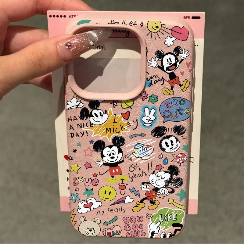 Cartoon Graffiti Mic Mouse Fashion TPU Imitation Leather Phone Case For iPhone 16 Plus 15 14 13 12 11 Pro Max X XR Shock-absorbing