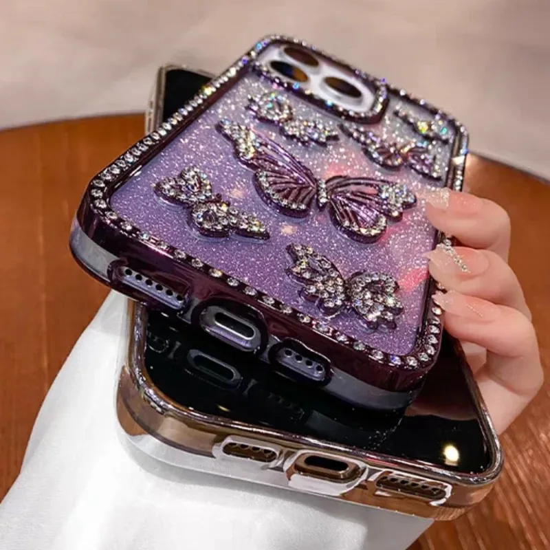 Sf0f232bb7d5340abbddcaa056303d68ck.webp Glitter 3D Butterfly Shiny Case For iPhone 17 16 15 14 13 12 11 Pro Max Diamond Bling Sparkly Rhinestone Girls Pink Cute Cover