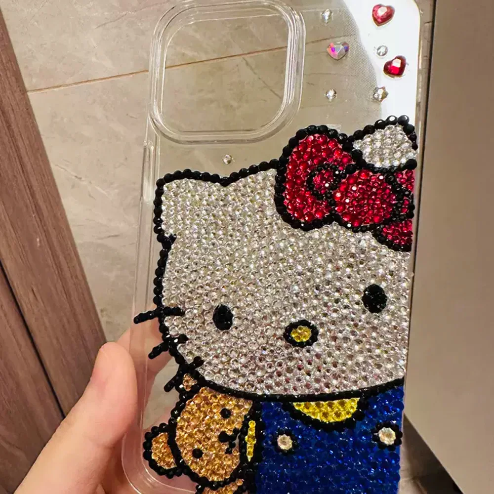 Cute Kitty Cat Rhinestone Bling Crystal Phone Case Chain For iPhone 16 12 13 14 15Pro Max  X Xs XR 7 8 Plus SE 2 3 10 Transparent B