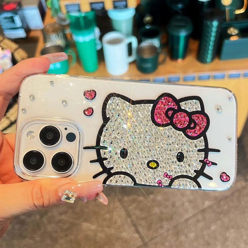 Cute Kitty Cat Rhinestone Bling Crystal Phone Case Chain For iPhone 16 12 13 14 15Pro Max X Xs XR 7 8 Plus SE 2 3 10 Transparent Bu