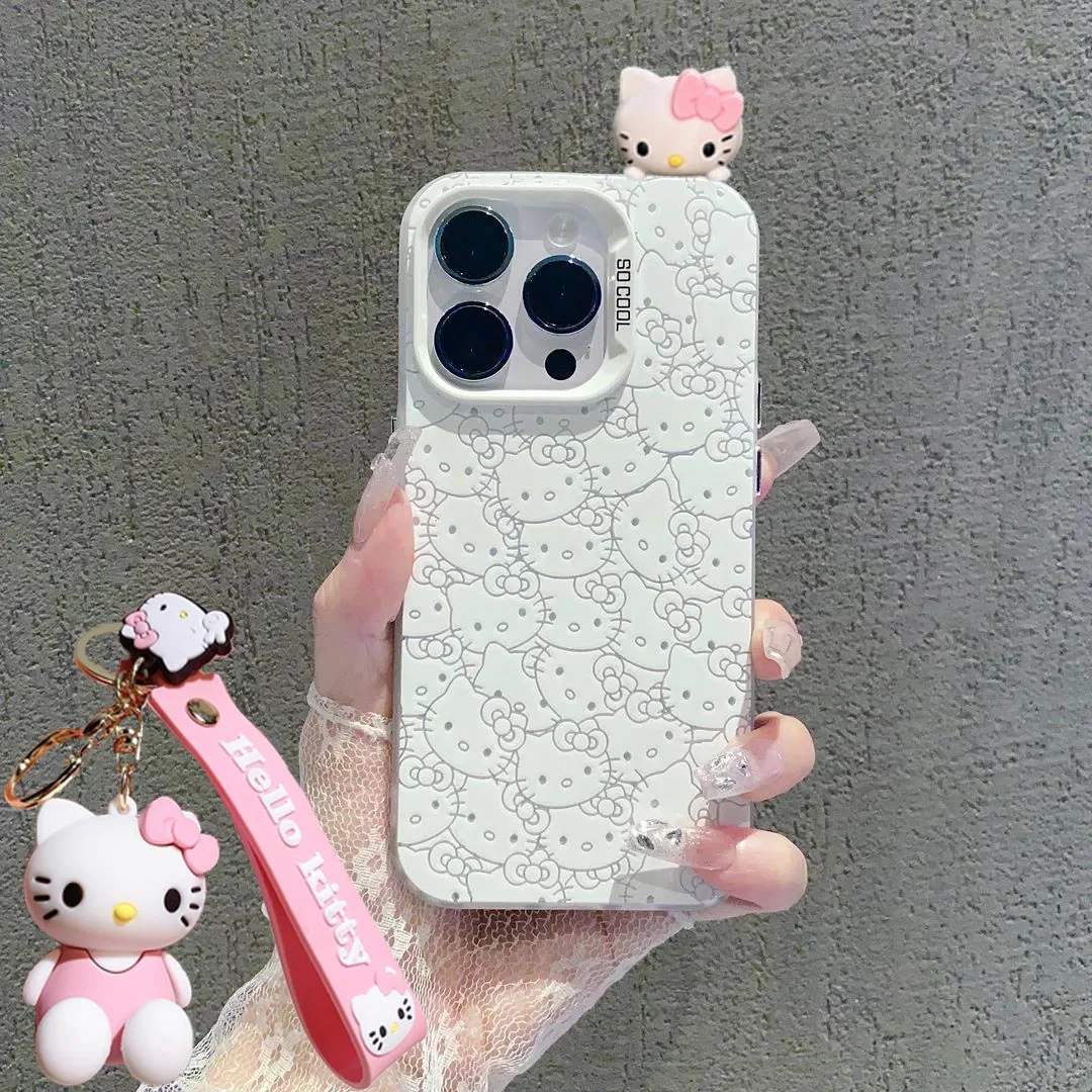 Full Cute Kitty Cartoon Cat Doll Strap Cartoon Phone Case For iPhone 16 15 14 12 13 11 Pro Max XR XS MAX 7 8 PLUS Y2K MINI Cover