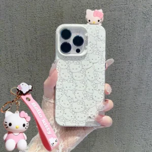 Full Cute Kitty Cartoon Cat Doll Strap Cartoon Phone Case For iPhone 16 15 14 12 13 11 Pro Max XR XS MAX 7 8 PLUS Y2K MINI Cover