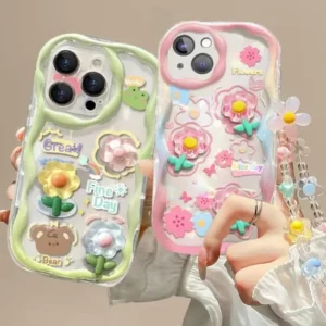 3D Cute Pink Flower Phone Chain Lanyard Case for Iphone 17 Air 16 Pro Max 11 12 13 14 15 Pro Max Plus Mini Hang Cover