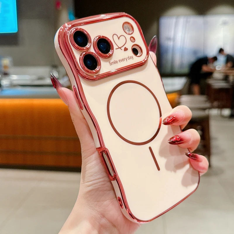 For Magsafe Plating Love Heart Wavy Lines Phone Cases for IPhone 17 16 14 13 12 11 Pro Max 16 15 Plus 17 Air Case Magnetic Cover