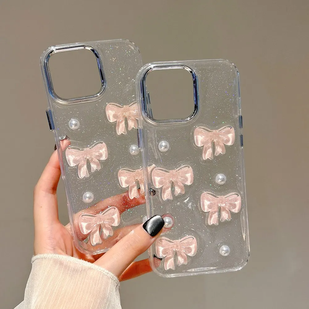Cute 3D Pink Bowknot Pearl Clear Phone Case For iPhone 16 15 14 13 12 11 Pro Max 16 Plus Shockproof Transparent Cover