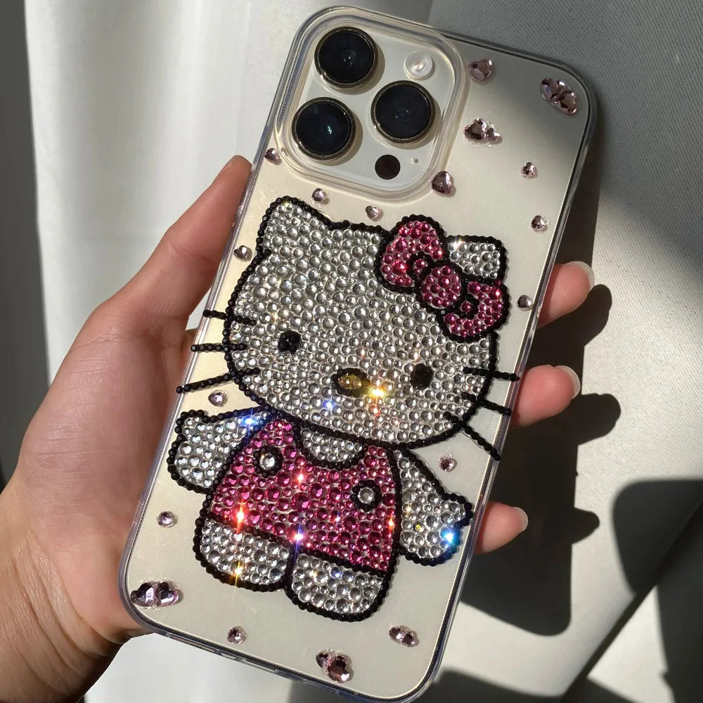 Cute Kitty Cat Rhinestone Bling Crystal Phone Case Chain For iPhone 16 12 13 14 15Pro Max X Xs XR 7 8 Plus SE 2 3 10 Transparent Bu
