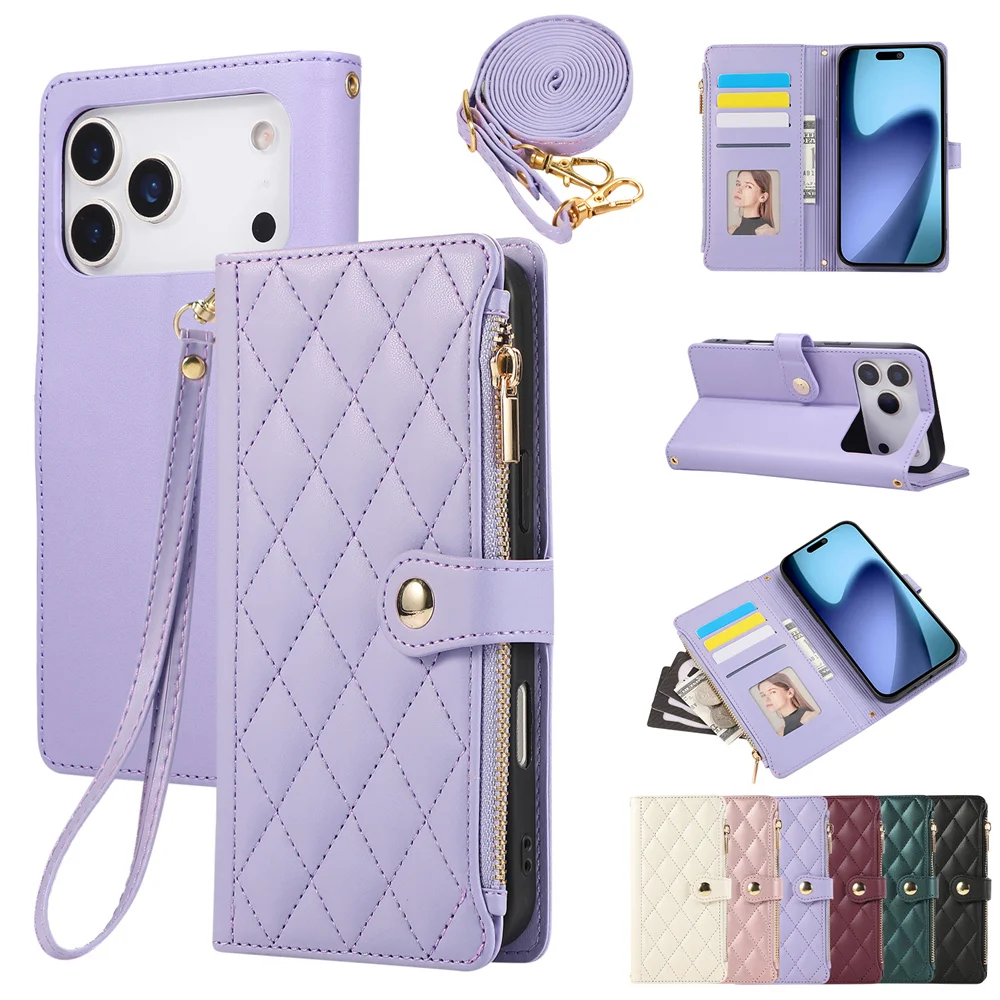 Sf53c7dc5564742babd5ae68b6231d5f4f.webp PU Leather Card Holder Wallet Phone Case with Crossbody & Wrist Strap for iPhone 16E 17 Ari 16 15 14 13 12 11 Pro Max XS 8 Plus