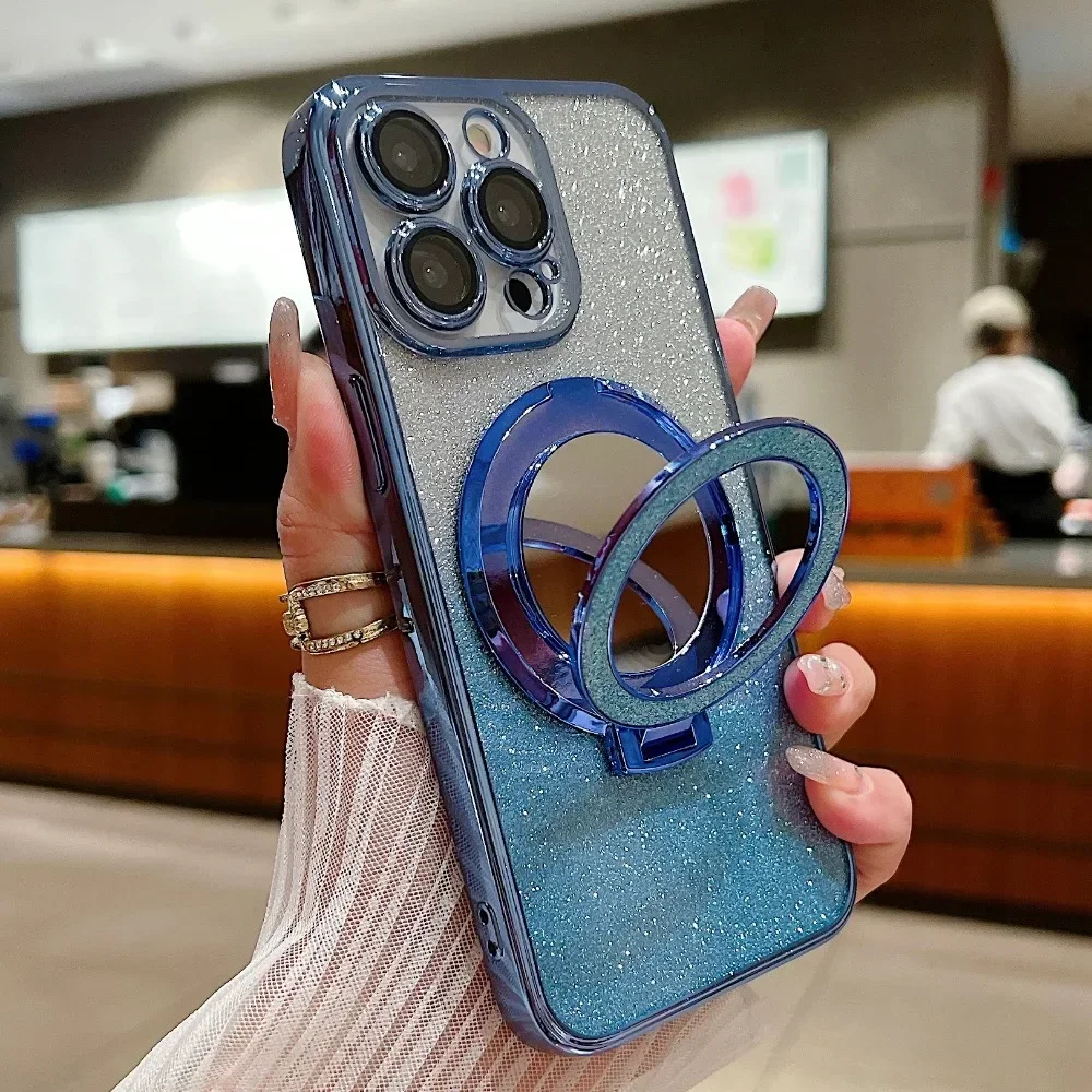 Glitter Diamond for Magsafe Bracket Case for iPhone 15 14 13 16 17 Pro Max Air 16 Plus 11 12 Xr Xs Ring Holder Gradient Cover