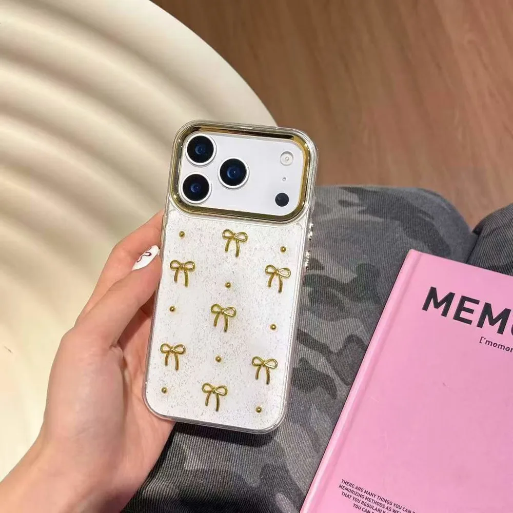Cute 3D Golden Bowknot Transparent Case For iPhone 17 Air 11 12 13 14 16 Pro Max 15 Plus Girl's Epoxy Shell Clear Slim Cover