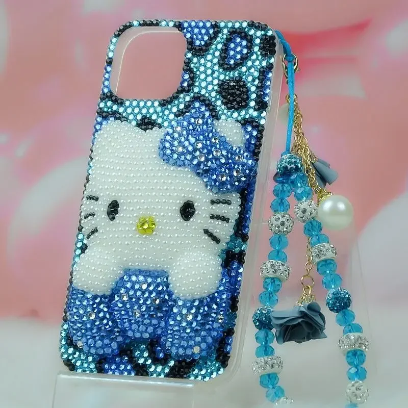 Cute Kitty Cat Rhinestone Bling Crystal Phone Case Chain For iPhone 16 12 13 14 15Pro Max X Xs XR 7 8 Plus SE 2 3 10 Transparent Bu