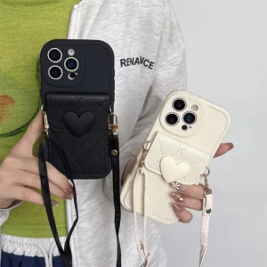 PU Leather 3D Cute Love Heart Crossbody Necklace Strap Card Holder Phone Case for IPhone 17 Air 16 15 14 13 12 11 Pro Max Cover
