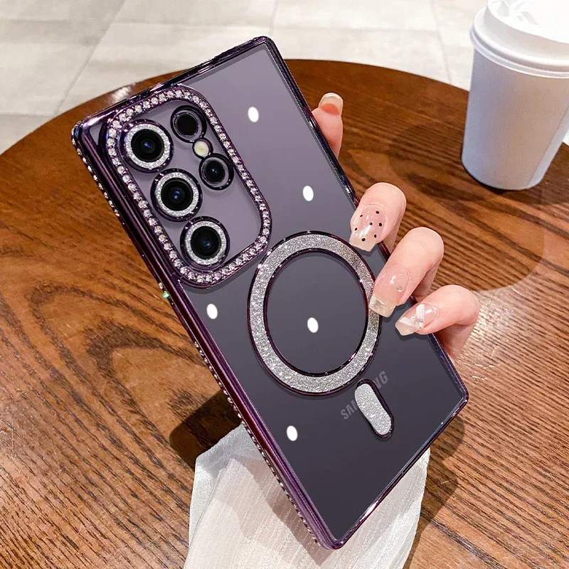 Sf6c18242ba7043a494be7af9846c099eM.webp Luxury Sparkly Crystal Clear Case For Samsung Galaxy S24 Plus S23 S22 Ultra Magsafe Magnetic Wireless Charge Lens Film Cover