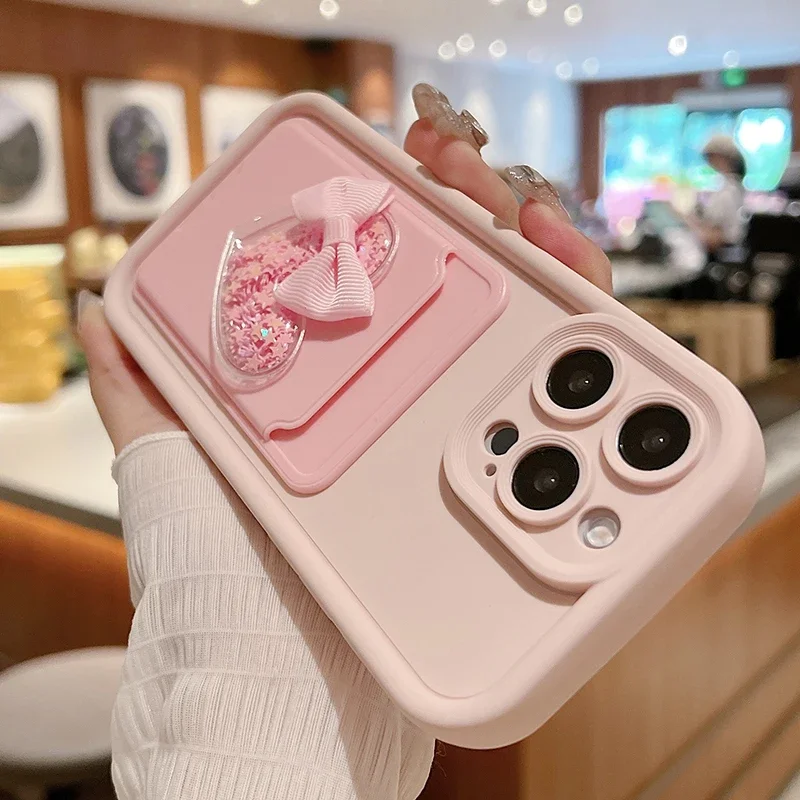 Lovely 3D Love Heart Card Bag Holder Phone Case For iPhone 17 Pro 16 15 14 13 12 11 Pro Max 7 8 Plus Shockproof Candy Soft Cover